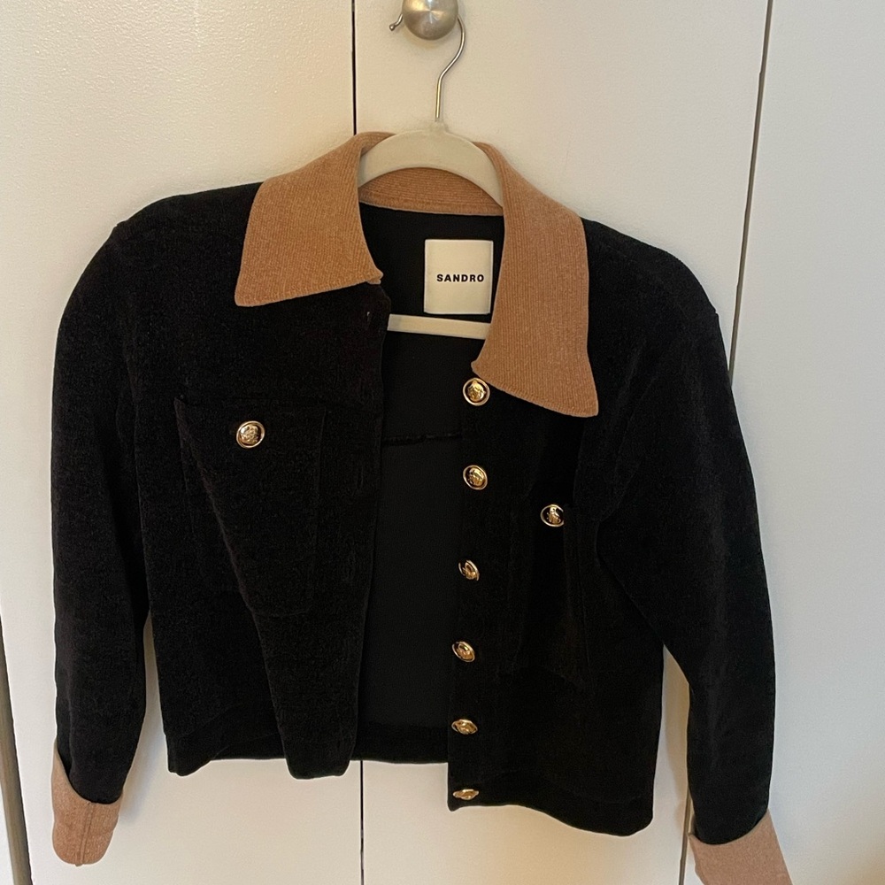 Sandro Black Jacket with Tan Collar